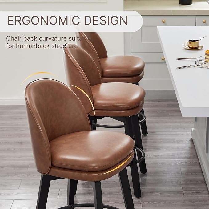 Counter Height Barstools 26 inch Upholstered Swivel Bar Stools with Back and Wood Legs for Kitchen Island,Set of 3,Brown PU Leather-Armless