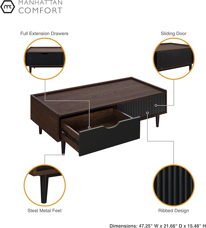 Manhattan Comfort Duane Mid Century Modern Coffee Table with Drawer & Cubby Shelf, Living Room Furniture with Ribbed Flat Design, Wood Grain Laminate Finish & Durable Iron Metal Feet, Black