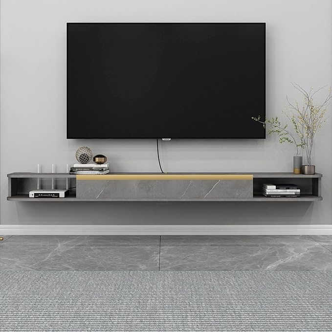Floating TV Stand, 55'' Wall Mounted Entertainment Center TV Media Console, Floating Shelves with Door, Floating TV Cabinet Large Storage TV Bench for Living Room (Dark Grey, 55.11IN)
