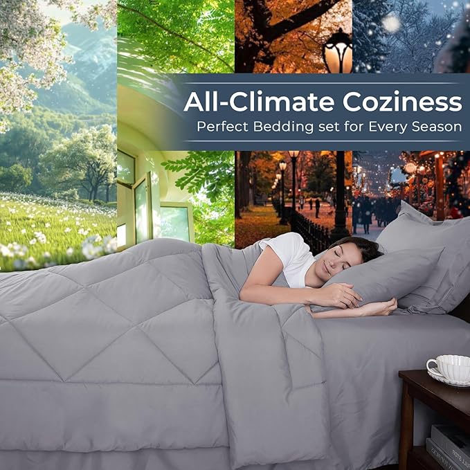 HEVUMYI Oversized Queen Comforter Set Light Grey - 7-Piece All Season Bed in a Bag Oversized Queen, Ultra Soft Bedding Set with Comforter, Flat Sheet, Fitted Sheet, Pillowcases, Pillow Shams