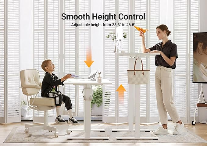Seang Electric Standing Desk Adjustable Height, 48 x 24 Inch Sit Stand Desk with T-Shaped Frame, 3 Memory Presets & Cable Management for Home Office Computer Workstation, White Frame/White Top