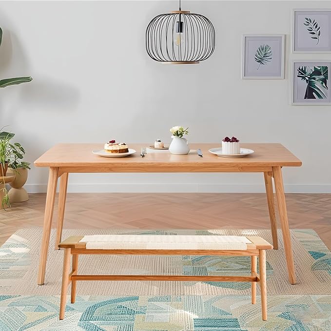 Solid Wood Entryway Bench, Wooden Dining Benches for 2, End of Bed Bench w/Hand-Woven Rope for Bedroom Kitchen Dining Room Living Room Entry Décor (White Rope, 31.49" L)