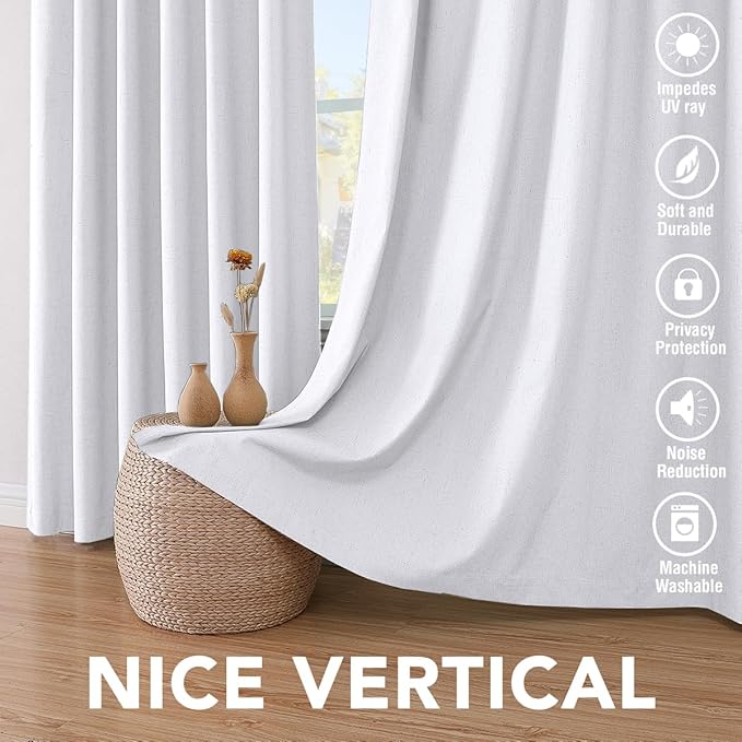 H.VERSAILTEX 108 inch Curtains, Linen Blackout Curtains 100% Absolutely Blackout, Thermal Insulated Textured Linen Look Curtain Draperies Anti-Rust Grommet, 2 Panels Bright White