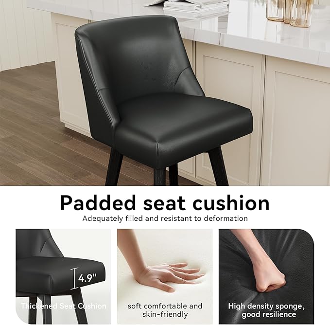 Vipbear Swivel Counter Height Bar Stools Set of 6,26.8" H Counter Stools with Back, Mid Century Modern Bar Stools for Kitchen Island,Faux Leather,Wooden Base, Black