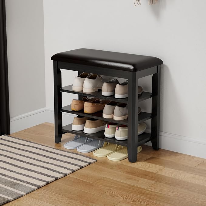 Shoe Bench with Leather Cushion, 3 Tiers Shoe Storage Bench Height Adjustable, Walnut Wood Entryway Bench for Hallway, Mudroom