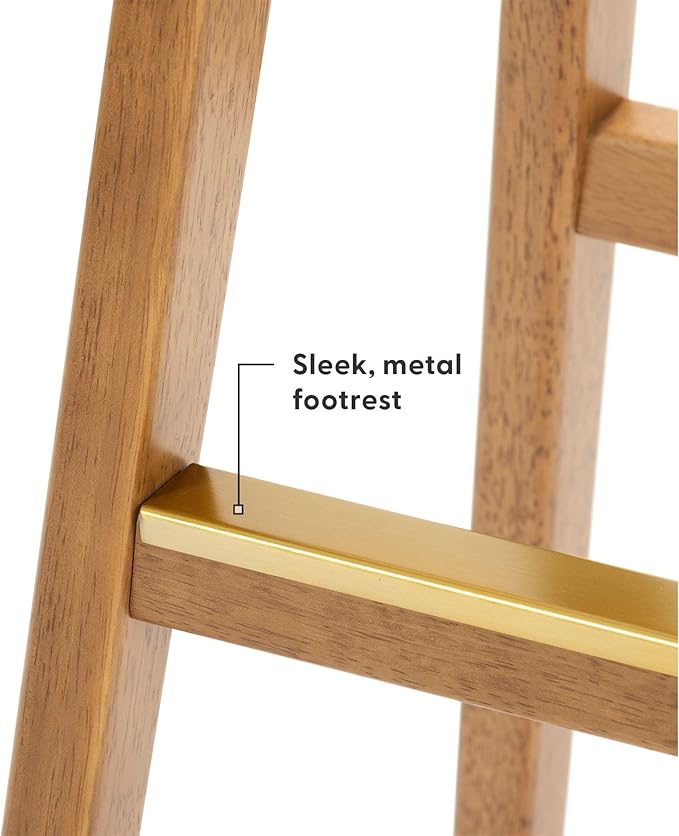 Plank+Beam Beryl Counter Height Stool - Mid-Century Modern Rubberwood Bar Stool with Faux Leather Seat, Metal Footrest, Easy Assembly, 2-Pack, Pecan/Toffee
