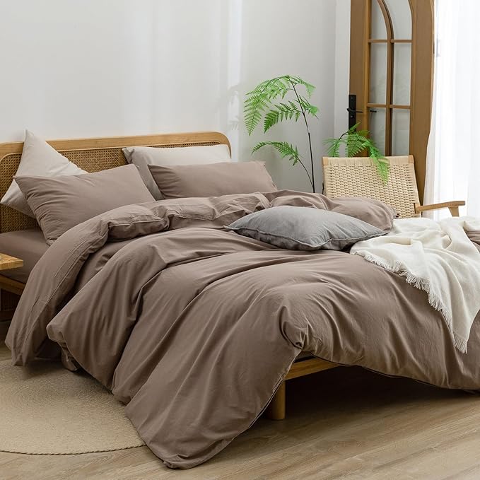 BESTOUCH Duvet Cover Set 100% Washed Cotton Linen Feel Super Soft Comfortable Chic Lightweight 3 PCs Home Bedding Set Solid Pine Bark Brown Cal King