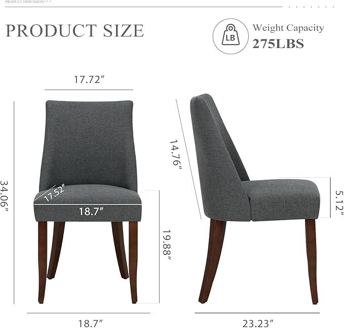 COLAMY Upholstered Dining Chairs Set of 2, Mid Century Modern Kitchen Chairs with Back, Farmhouse Fabric Side Dining Room Chairs with Wood Legs for Dining Room Restaurant, Dark Grey