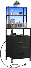 WLIVE Nightstand with Charging Station, LED Night Stand with 2 Drawers and 4 Storage Open Shelves, Fabric Dresser for Bedroom, Black