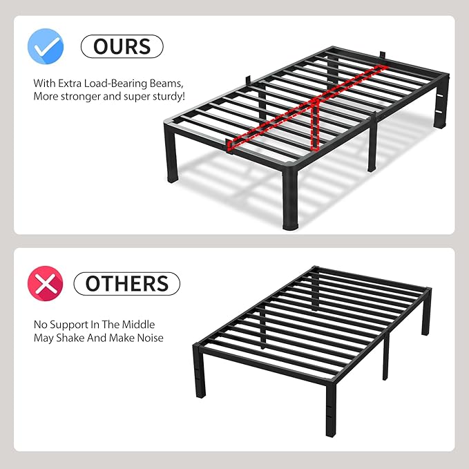 18 Inch Twin Size Bed Frame, 3500Lbs Heavy Duty Metal Platform with Round Corner Legs Mattress Slide Stopper, Steel Slat Support No Box Spring Needed, Noise Free, Non-Slip, Easy Assembly