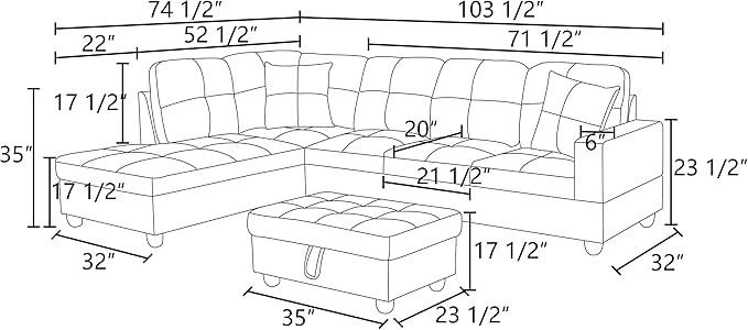 NicBex Sectional Couch 3 Pieces Sofa Set with Right Chaise Flannel PVC L Shaped Cloud Couch for Living Room Furniture Sets with Storage Ottoman, Modular Sofa for Living Room & Apartment, Red+Black