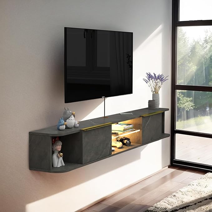 Pmnianhua LED Floating TV Stand with 2 Drawers for 75 inch TV,70'' Floating TV Console with LED Lights,Floating Entertainment Shelf with Storage for Bedroom Playroom Living Room(Dark Grey)