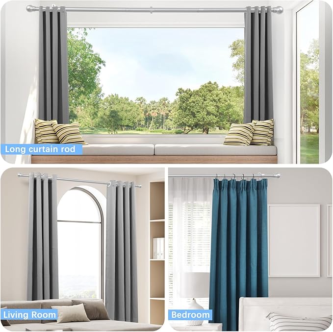 Curtain Rods for Windows 16 to 136 Inches, Curtain Rod Max Adjustable Length of 144 IN, 1" Diameter Drapery Rods Round Finials, Satin Silver, Pack of 1
