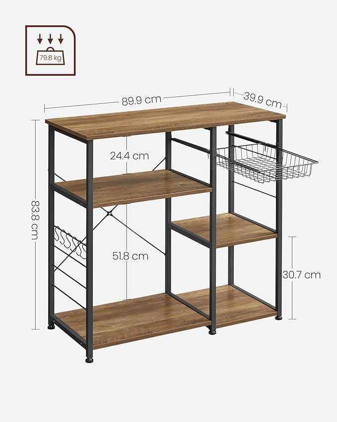 VASAGLE ALINRU Kitchen Baker’s Rack, Coffee Bar, Microwave Oven Stand, with Steel Frame, Wire Basket, 6 Hooks, for Mini Oven, Spices Utensils, Industrial, Rustic Walnut and Black UKKS090B41