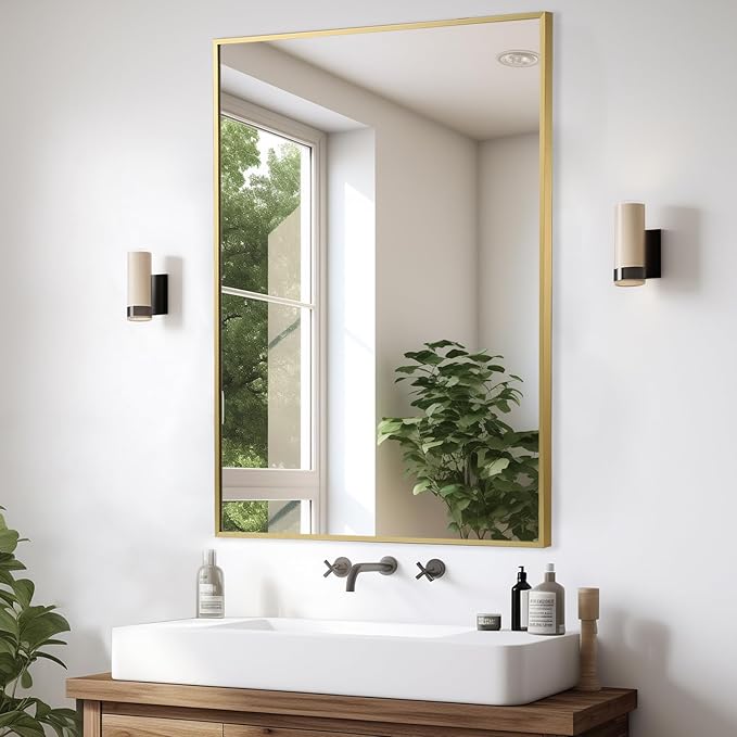 Gold Bathroom Mirror, 26"x38" Rectangle Mirror, Brushed Gold Mirror, Metal Frame Square Corner Vanity Mirror, Wall Mounted Mirror for Modern, Living Room, Bedroom, Horizontal Or Vertical