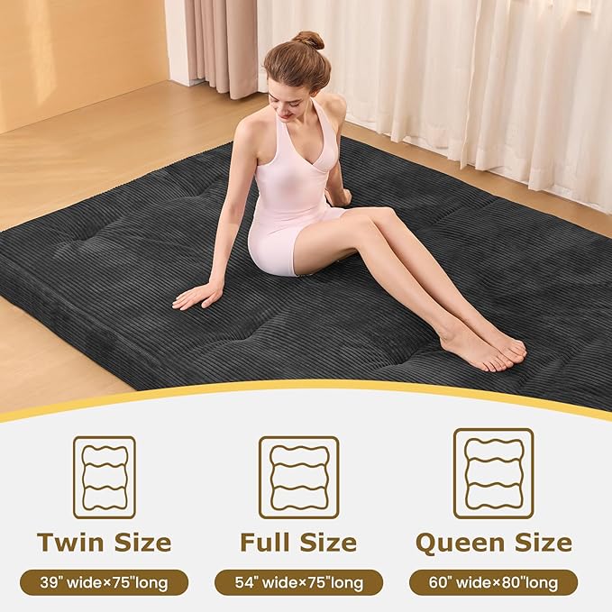 Japanese Floor Mattress, 4" Thicken Futon Mattress Twin Size Sleeping Pad, Corduroy Foldable Mattress Pad Roll Up Tatami Mat Floor Mattress for Adults（Grey）