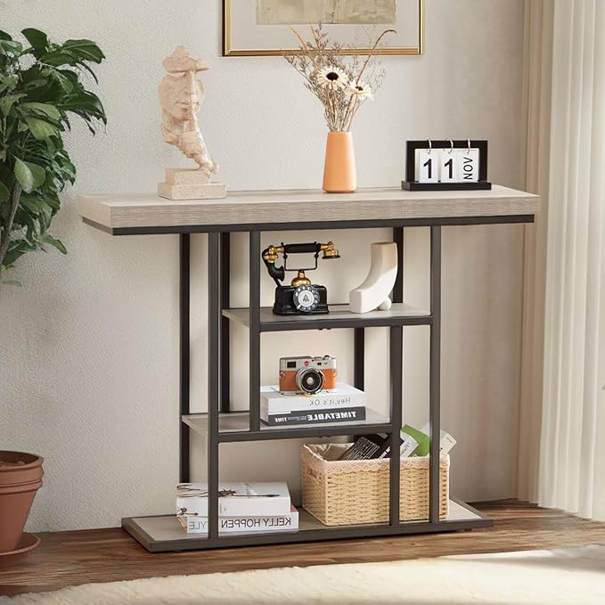 HABUTWAY 42" Industrial Console Table, Narrow 4-Tier Wood Entryway Table for Living Room, Accent Tables Living Room, Hallway Table, Sofa Table for Front Door, Hallway, Foyer, Rustic Grey