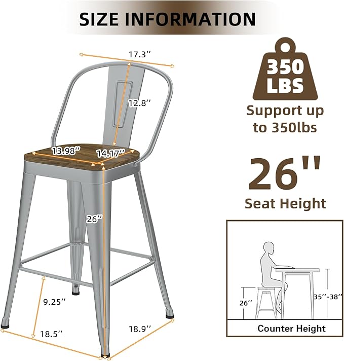 Metal Bar Stools Set of 4, High Back Bar Stools with Wooden Seat, 26 inch Silver Barstools for Kitchen Island