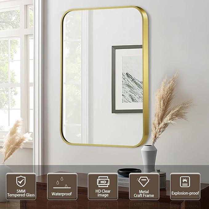 Matte Gold Mirror, 24x36 Inch Brushed Gold Mirror, Aluminum Alloy Framed Vanity Mirror, Rounded Rectangle Bathroom Mirror for Over Sink, Anti-Rust Wall Mirror (Horizontally or Vertically)