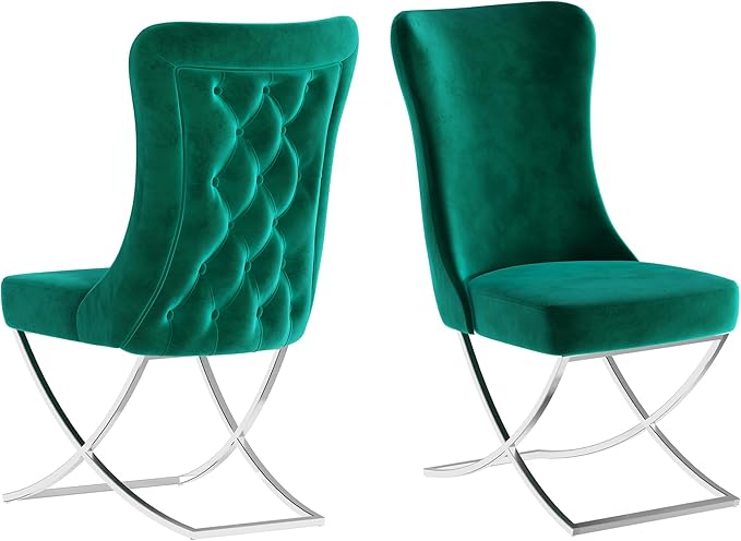 Ottomanson Royal Dining Chairs Set of 8 – Upholstered Tufted Microfiber, Assembled, Silver Metal Legs, Beech Wood Frame, 350 lb Capacity, Green