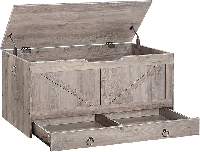 HOOBRO Storage Chest, 39.3" Toy Chest with Drawer, Wooden Storage Bench, Sturdy Entryway Bench Supports 220 lb, Safety Hinge, U-Shaped Opening, Easy Assembly, Greige BG710CW01G1