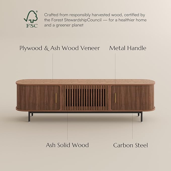 POVISON Mid Century Modern TV Stand for 65 inch TV, Sliding Door Entertainment Center with Storage, Wood TV Console, Media Console for Living Room Bedroom, Fully-Assembled (Walnut, 70.87")