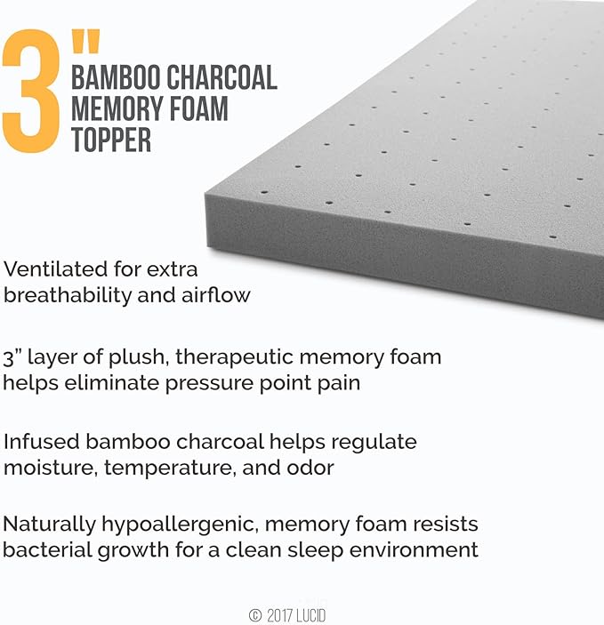 Lucid 3 Inch Ventilated Bamboo Charcoal Memory Foam Mattress Topper, CertiPUR-US Certified, Moisture and Odor Control-Full