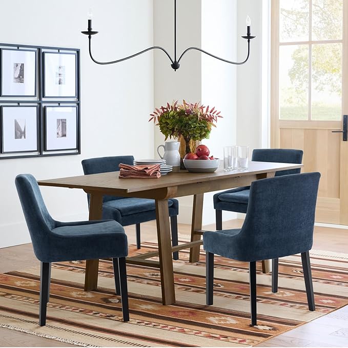 COLAMY Modern Dining Chairs Set of 6, Upholstered Corduroy Accent Side Leisure Chairs with Mid Back and Wood Legs for Living Room/Dining Room-Blue