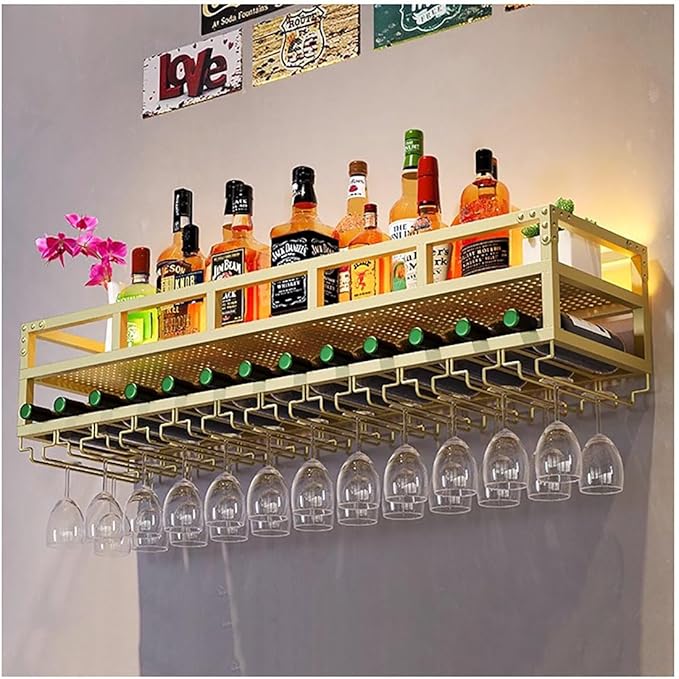 LED Wine Rack Wall Mounted, Industrial Metal Wall Wine Shelf & Glass Holder, Large Floating Shelves Wine Bottle Storage Display Rack for Home Bar Dining Room Decor(Gold, 31.5 x 9.8 x 10.6 inch)