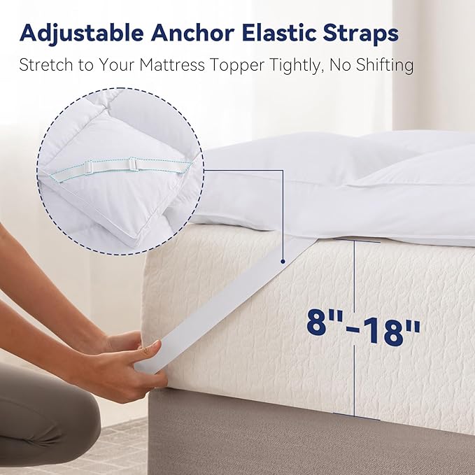3 Inch White Goose Feather Mattress Topper,Queen Feather Bed Topper,Mattress Cover with Straps,Ultra Soft Pillowtop,100% Organic Cotton Fabric(60”x80”)