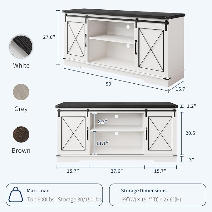 GarveeHome Farmhouse TV Stand for TV up to 65 Inches and Entertainment Center with Sliding Barn Doors and Adjustable Shelf, Tv Media Console Table with Storage Cabinet for Living Room, Bedroom, White