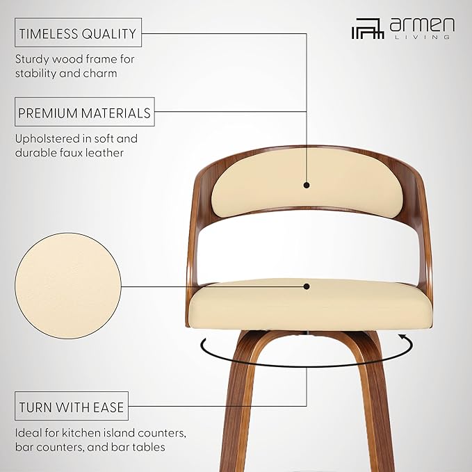 Armen Living Shelly 30" Bar Height Swivel Cream Faux Leather and Walnut Wood Bar Stool - Set of 2