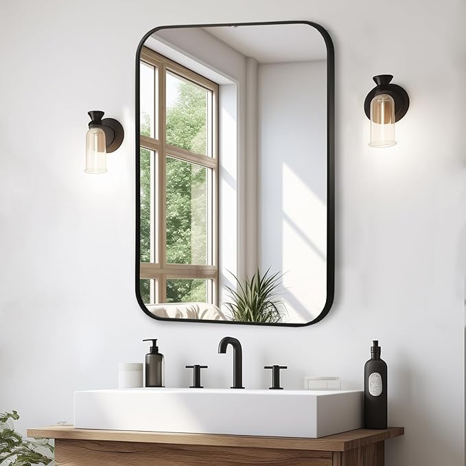 Matte Black Mirror, 22"x30" Rectangle Bathroom Mirror, Metal Frame Rectangle Corner Vanity Mirror, Wall Mounted Mirror for Modern, Living Room, Bedroom, Horizontal Or Vertical