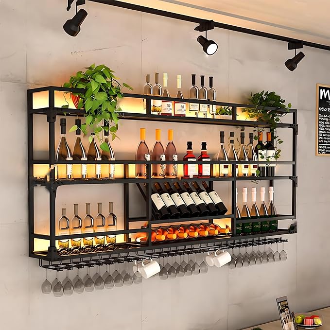 Metal Wall-Mounted Wine Rack with LED Light - 3 Tier Wine Storage Display Rack with Glass Holder - Space-Saving Bottle Display Shelf for Home Bars, Dining Rooms(Black, 59in/150cm)