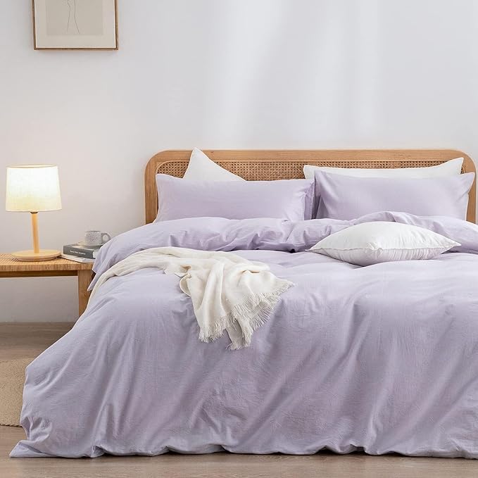 BESTOUCH Duvet Cover Set 100% Washed Cotton Linen Feel Super Soft Comfortable Chic Lightweight 3 PCs Home Bedding Set Solid Taro Purple Oversized Full