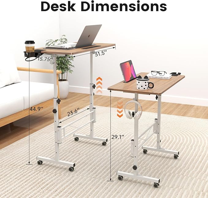 Hadulcet Portable Standing Desk, Rolling Desk Adjustable Height, Mobile Laptop Desk, Small Stand Up Table with Wheels, Walking Table for Treadmill Walking Pad, Tall Computer Stand, Oak