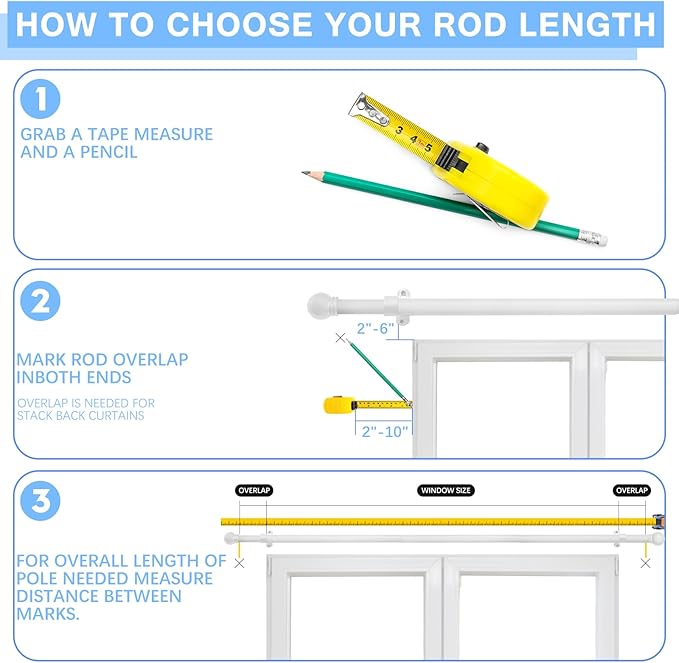 Curtain Rods for Windows 16 to 48 Inches, Curtain Rod Max Adjustable Length of 60 IN, 6/8" Diameter Drapery Rods Round Finials, White, Pack of 1