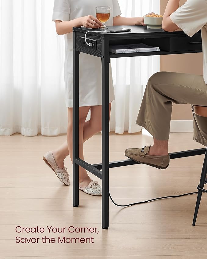 VASAGLE Bar Table with Power Outlets, 47.2 Inches Long Bar Height Pub Table, Rectangular High Top, with Movable Drawer, 2 Hooks, Narrow Storage for Kitchen, Dining, Entryway, Ebony Black