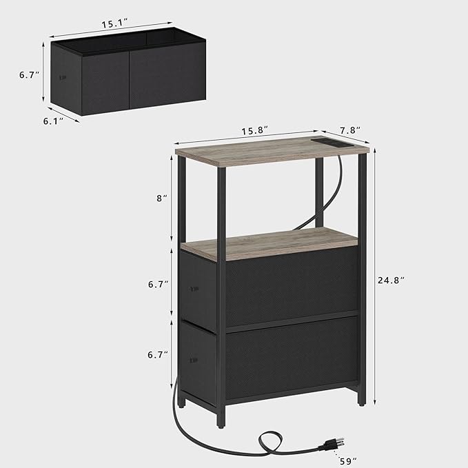 TUTOTAK Small Narrow LED End Table with Charging Station, Side Table Outlets, Nightstand with 2 Cloth Drawers, Set of 2, Couch Table, for Living Room, Bedroom, Bedside, Greige TB01BG056