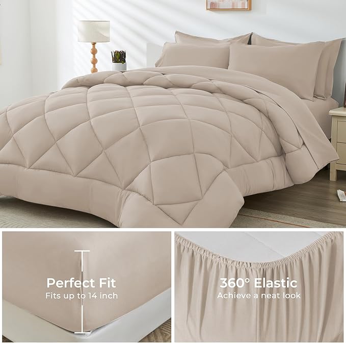 HEVUMYI Khaki King Comforter Set - 7-Piece All Season Bed in a Bag King, Ultra Soft Bedding Set with Comforter, Flat Sheet, Fitted Sheet, Pillowcases, Pillow Shams