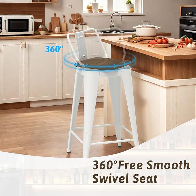 30 Inch Swivel Bar Stools Set of 4, Counter Height Bar Stools with Low Back, Metal Industrial Bar Chairs for Kitchen Island (White)
