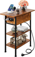 WLIVE End Table with Charging Station, Flip Top Side Table with Storage Shelf, Narrow Bedside Table for Living Room, Sofa Couch Table with USB Ports and Outlets, Bedroom Nightstand, Rustic Brown