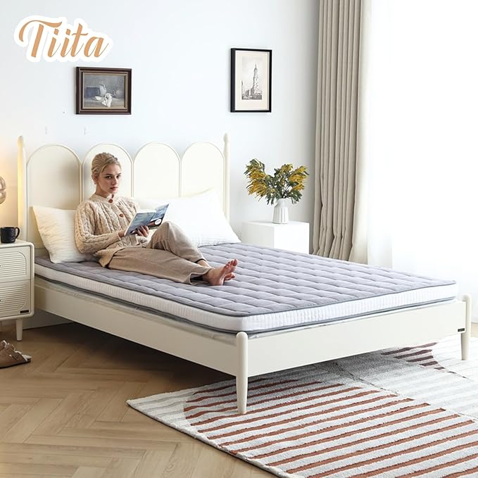 Tiita Japanese Floor Mattress Futon Mattress 4” Thick Folding Roll Up Sleeping Pad with Bag & Strap, Bed Topper Mat for Guest, Lounger and Tavel, Gray,Full Size