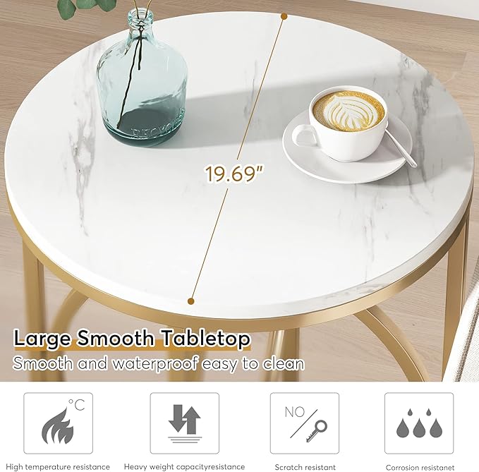 Tribesigns Round End Table for Living Room, Modern Marble Side Table with Gold Metal Frame, White and Gold Accent Table, 26-Inch Tall Narrow Nightstand for Bedroom