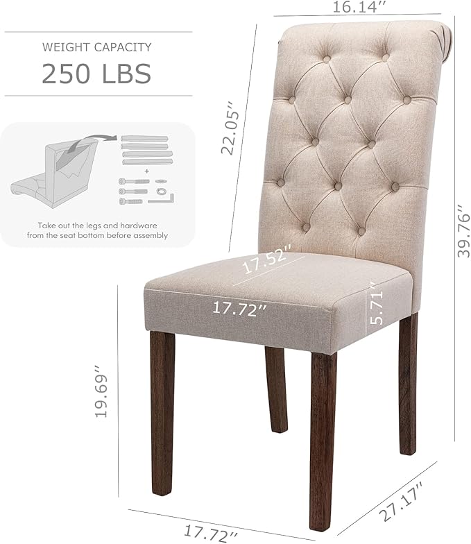 COLAMY Tufted Upholstered Dining Chairs Set of 2, Accent Parsons Chairs with Solid Wood Legs and Padded Seat, Beige