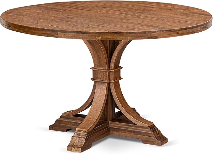 I57-0N-TP Breakfast Table with Acacia Wood Round Tabletop and Elegant Pedestal Base - Antique Walnut Finish