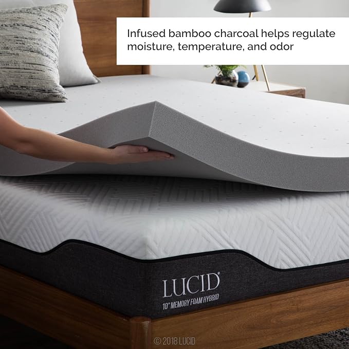 Lucid 4 Inch Bamboo Infused Memory Foam Mattress Topper - California King Size – Cooling Ventilation – Pressure Relieving Bed Topper - Mattress Pad – CertiPur Certified