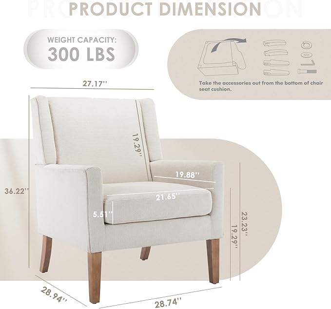 COLAMY Modern Wingback Living Room Chair, Upholstered Fabric Accent Armchair, Single Sofa Chair with Lounge Seat and Wood Legs for Office/Bedroom/Reading Spaces, Beige