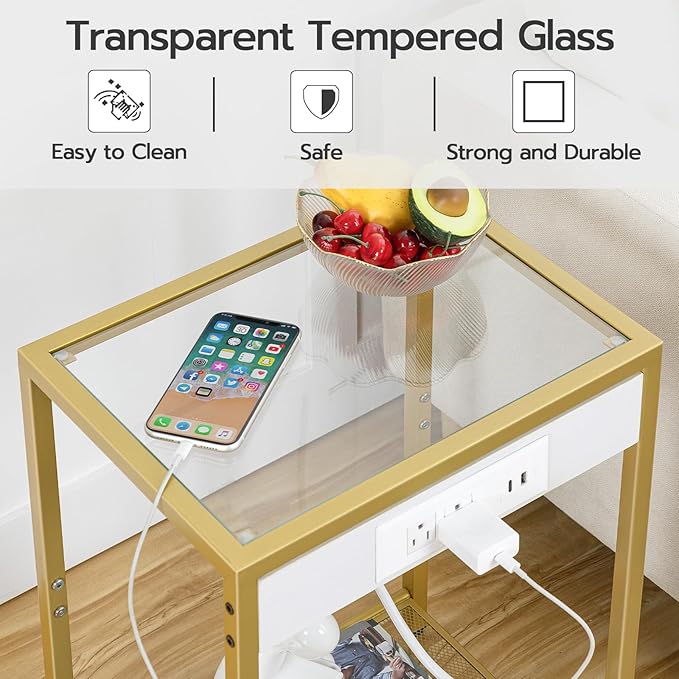 HOOBRO Side Table with Charging Station, Set of 2 End Tables with USB Port, Nightstand for Tight Spaces, Tempered Glass, Modern Metal Frame, for Office, Bedroom, Living Room, Gold GD76UBZP201