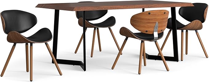 SIMPLIHOME Marana/Watkins 5-Piece Dining Set, 66 inch Wide Solid Mango Wood Table and 6 Upholstered Bentwood Chairs in Black, Mid-Century Modern Style for Dining Room with Curved Back (Set of 5)